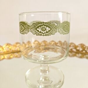MCM Barware Footed Glasses With Green Filigree Design Set Of 6